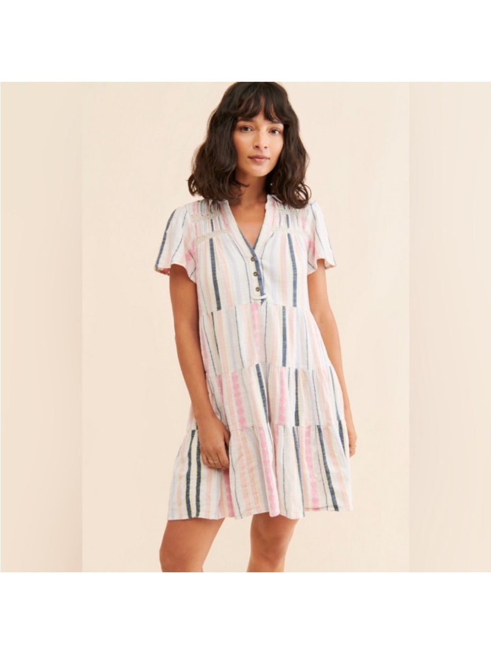EUC Women’s BY ANTHROPOLOGIE Pink/Blue Stripe Lace Accent Short Sleeve Dress (S)